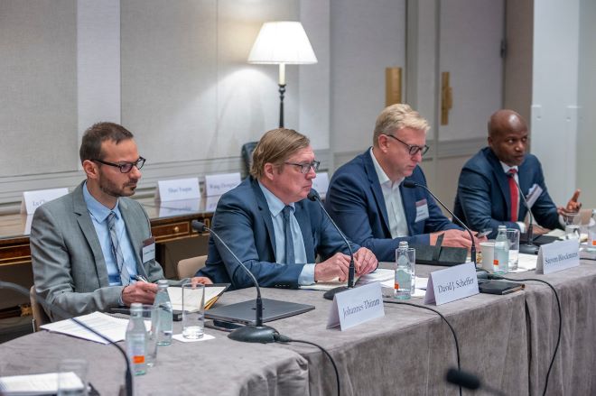 Johannes Thimm, David Scheffer, Steven Blockmans, and Fonteh Akum during the session "Holding Those Responsible for War Crimes Accountable" (Howard Heyman).